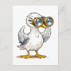 Postal Gaviota mirando a través de prismáticos a la costa