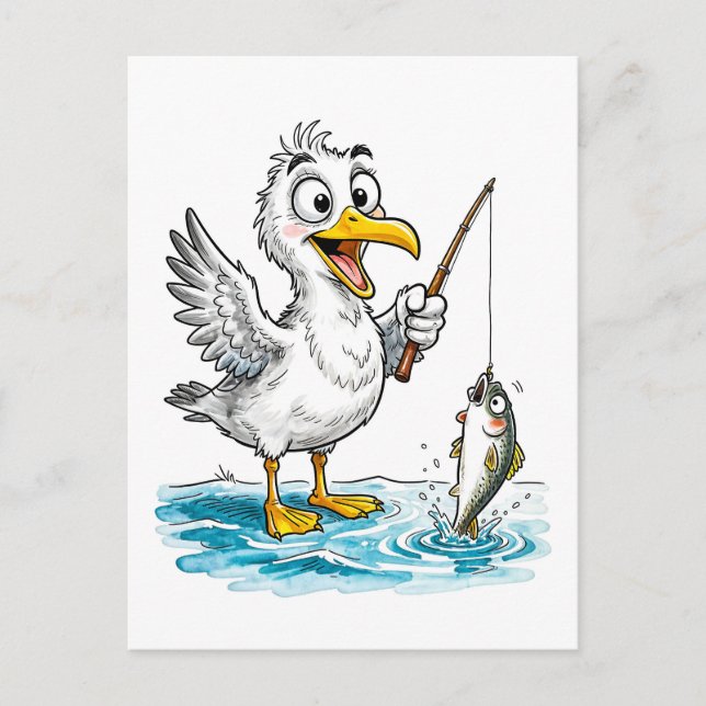 Postal Gaviota pescando con caña en aguas poco profundas (Anverso)