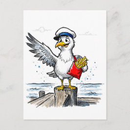 Postal Gaviota robando papas fritas Ilustración de tinta 