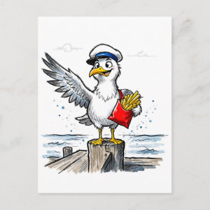 Postal Gaviota robando papas fritas Ilustración de tinta