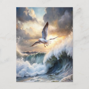 Postal Gaviota Vuela Olas Nubes de Tormenta Océano Costa