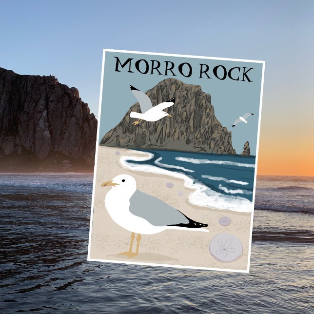 Postal Gaviotas de playa de Morro Rock Bay Central Califo (Morro Rock Bay Central California Beach Seagulls Postcard
)
