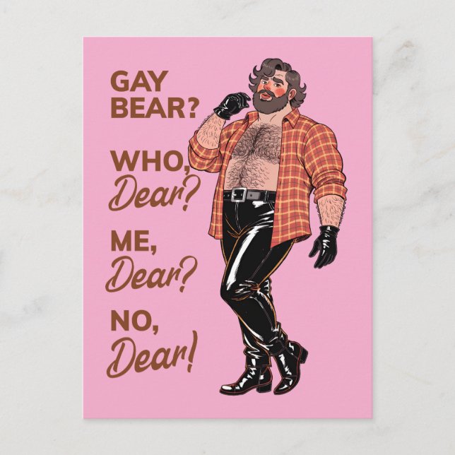 Postal "¿Gay Bear? ¡No, Querido!" – Oso de Cuero Sassy (Anverso)