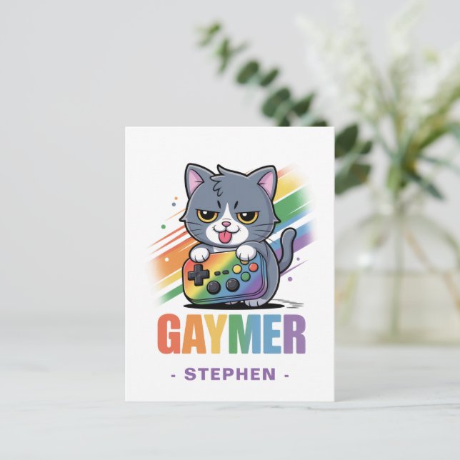 Postal Gaymer - Gato de juegos de arcoiris con consola |  (Anverso de pie)