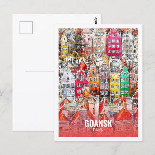 Postal Gdansk Polonia Famoso Esbozo acuático de viajes