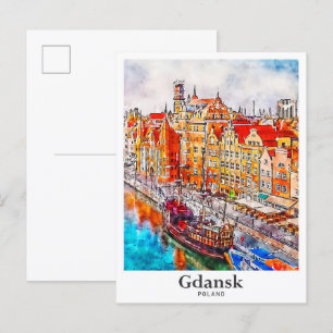 Postal Gdansk Polonia Mano de color de agua de viaje dibu