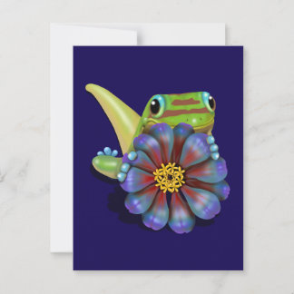 Postal Gecko con flores de zinnia