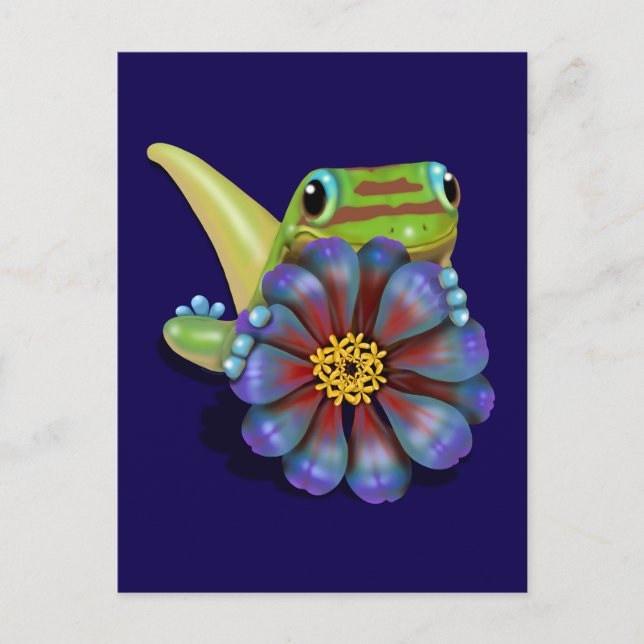 Postal Gecko con flores de zinnia (Anverso)