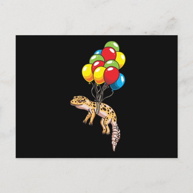 Postal Gecko leopardo con regalo de globos (Anverso)