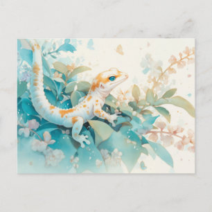 Postal Geco Leopardo con Mancha Naranja y Hoja Tropical