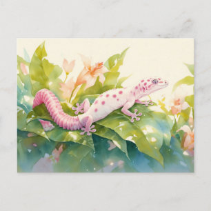 Postal Geco Leopardo con Mancha Rosa y Flor de Lirio