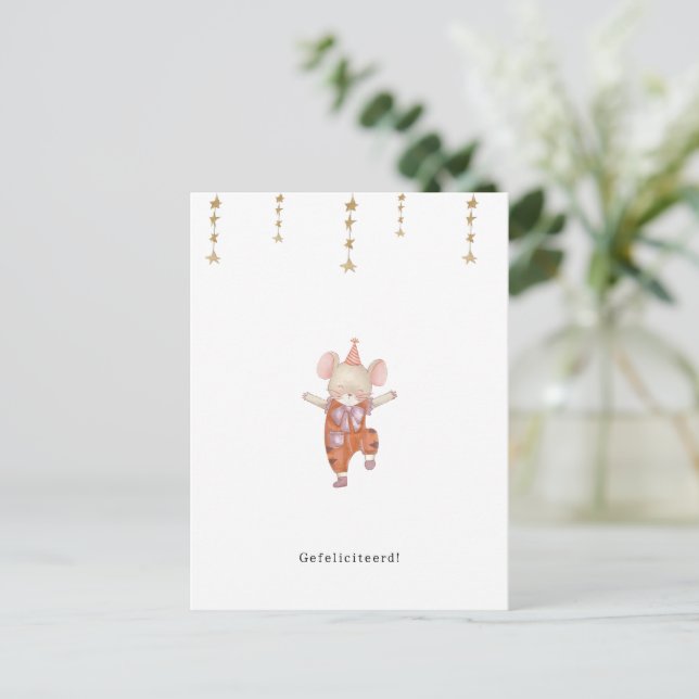 Postal Gefeliciteerd Verjaardagskaart Jarig Schattig Muis (Anverso de pie)