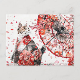 Postal geisha cat en un detallado kimono sentado elegante