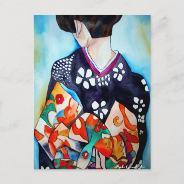 Postal Geisha japonesa con arte original de kimono azul (Anverso)