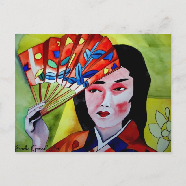 Postal geisha japonesa con hincha (Anverso)