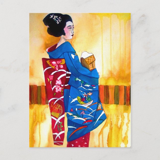 Postal Geisha japonesa con kimono azul (Anverso)