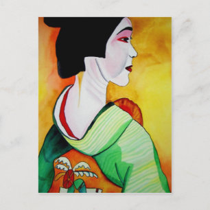 Postal Geisha japonesa con kimono verde arte original