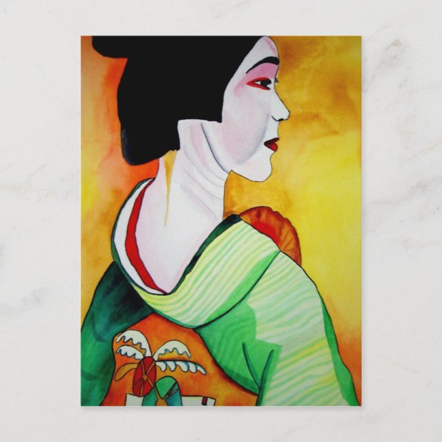 Postal Geisha japonesa con kimono verde arte original (Anverso)