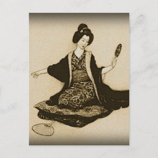 Postal Geisha japonesa Sepia vintage mirando con espejo