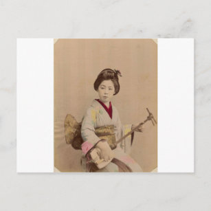 Postal Geisha japonesa vintage jugando al shamisen