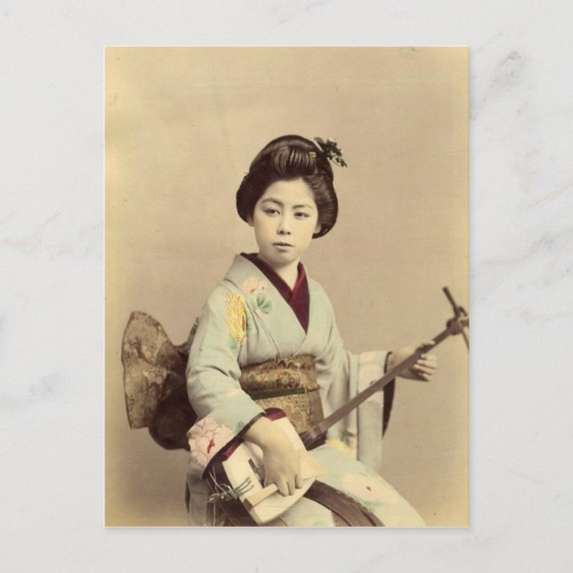 Postal Geisha japonesa vintage tocando el shamisen (Anverso)