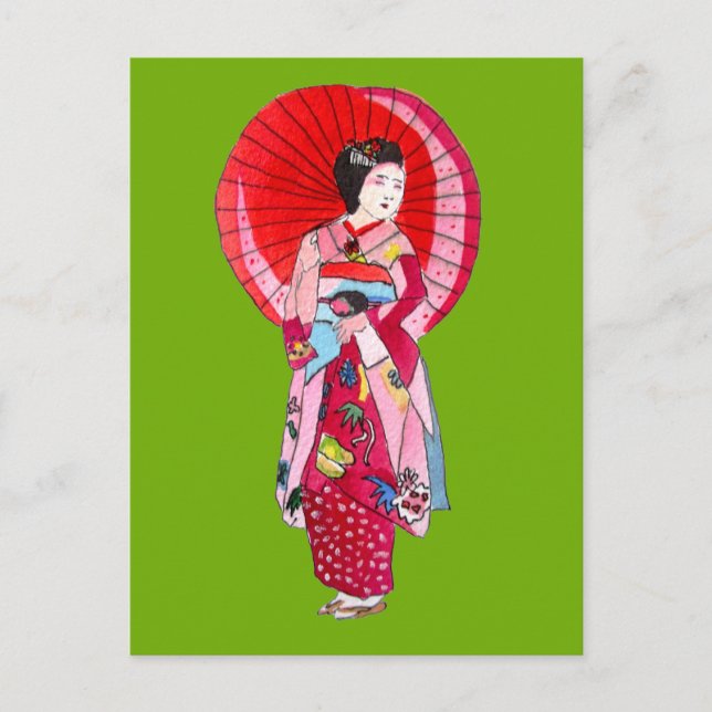 Postal Geisha kimono rojo japonés arte lindo (Anverso)