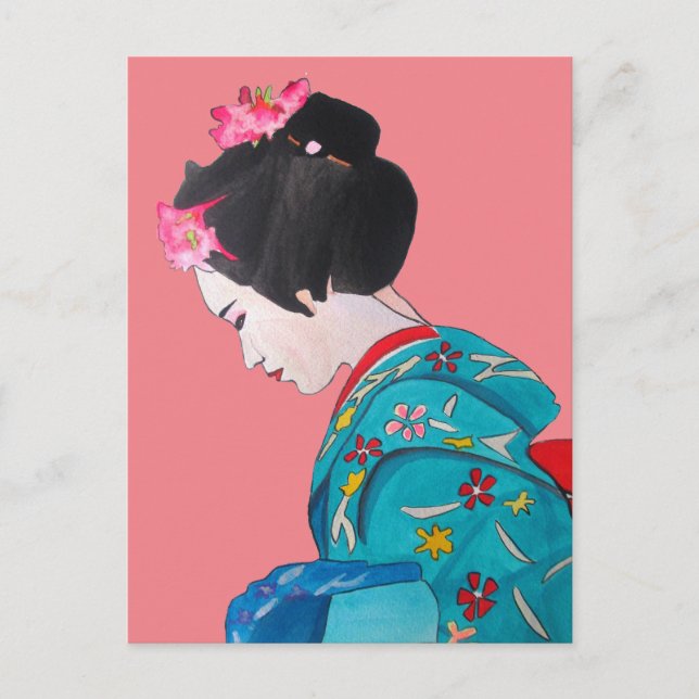 Postal Geisha linda japonesa con flores de cerezo rosa (Anverso)