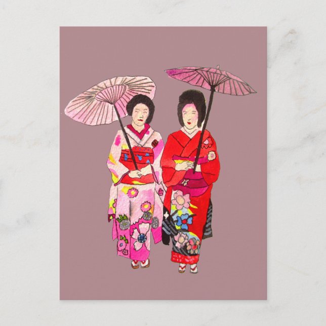 Postal Geisha linda japonesa con kimono rosa (Anverso)