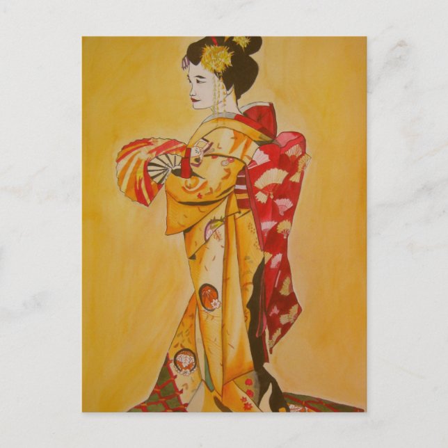 Postal Geisha oro kimono arte acuático original (Anverso)