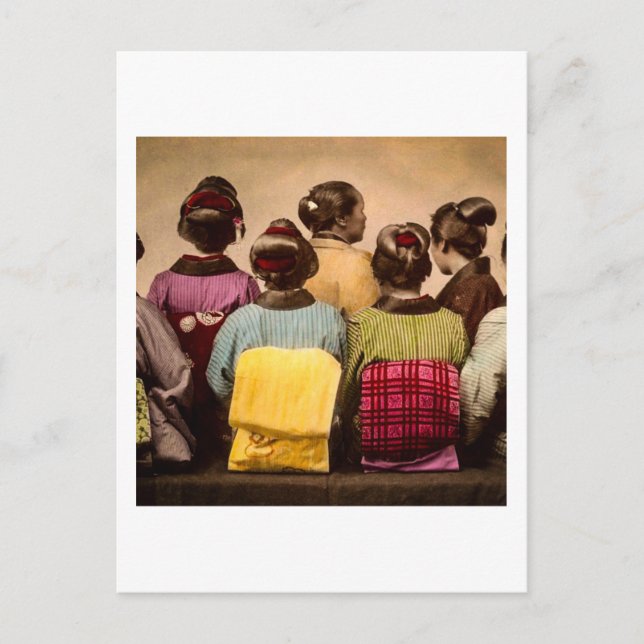 Postal Geishas de época en Kimonos coloridos y Obis (Anverso)