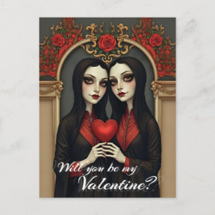 Postal Gemelas góticas de San Valentín con corazón rojo
