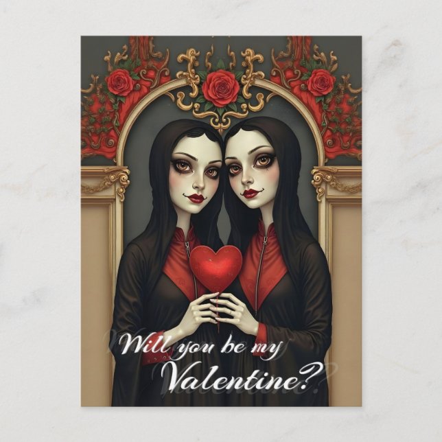 Postal Gemelas góticas de San Valentín con corazón rojo (Anverso)