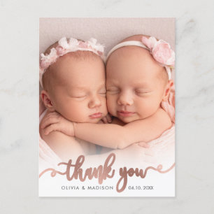Postal Gemelas Niña Bebé Foto Gracias Rose Gold Script
