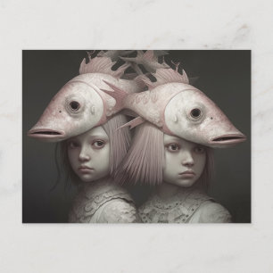Postal Gemelos con peces rosados en la cabeza Horror IA A