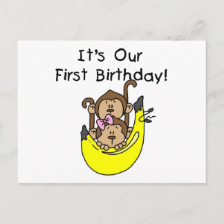 Postal Gemelos - Mono de niño y Chica Primer cumpleaños