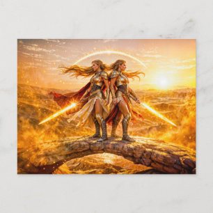 Postal Gemini Zodíaco con Mujeres Guerreras Gemelas y Res