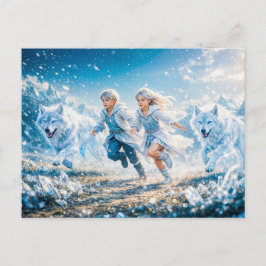 Postal Gemini Zodíaco con Niños Gemelos y Lobos Blancos