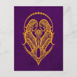 Postal Géminis amarillo intrincado Zodiaco en morado