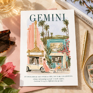 Postal Géminis Zodíaco Los Ángeles Arte Acuarela