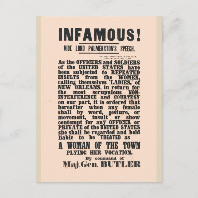 Postal gen Butler Nueva Orleans, Guerra Civil (Anverso)