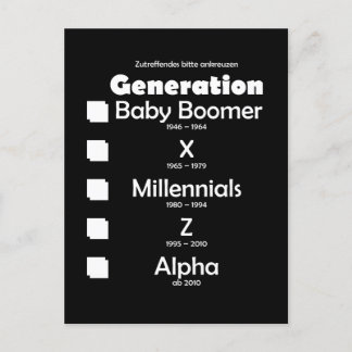 Postal Generationen Baby Boomer, X, Y, Millennials, Z, Al
