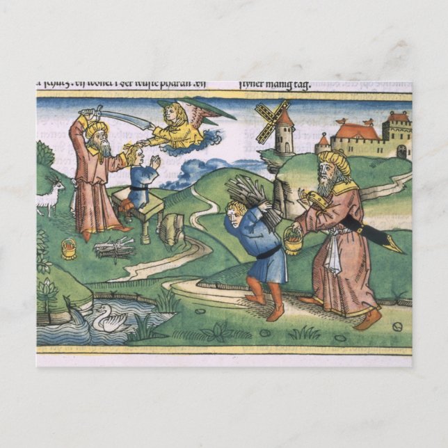 Postal Génesis 21 1-14 Ofrecimiento de Abraham de Isaac,  (Anverso)