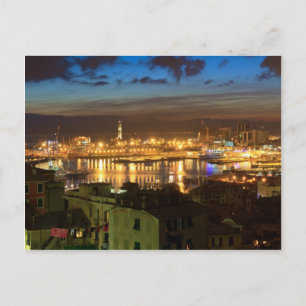 Postal Génova y el puerto por la noche
