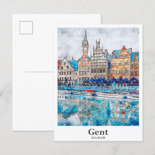 Postal Gent Belgium Mano de color de agua para viajes dib