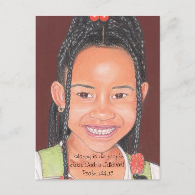 Postal Gente feliz cuyo Dios es Jehová~Escritura~Impresió (Anverso)