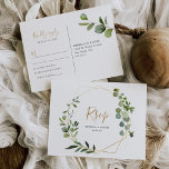 Postal Geometric Eucalyptus Greenery Rsvp<br><div class="desc">Diseñada para coordinar con nuestra colección de bodas de vegetación mixta, esta tarjeta RSVP de personalizable presenta un marco geométrico dorado adornado con follaje de color verde acuático con texto dorado y gris. Para realizar cambios avanzados, vaya a la opción "Hacer clic en el personalizar más adelante" en Personalizar esta...</div>