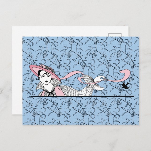 Postal Georges Barbier 1920 Fashion Lady and Bird (Anverso / Reverso)