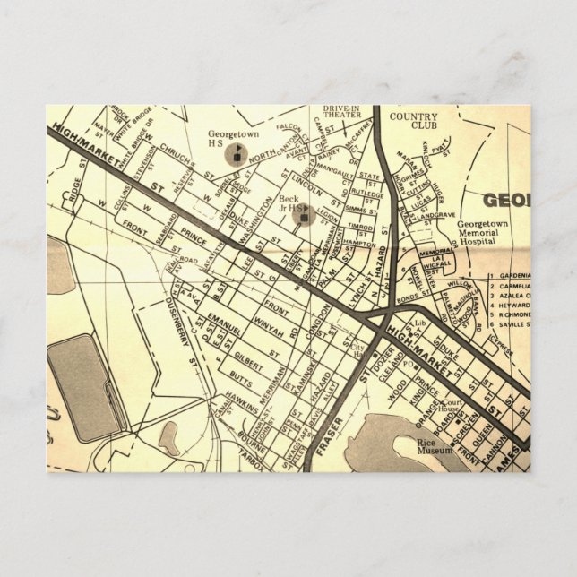 Postal Georgetown, SC Mapa de Vintage (Anverso)