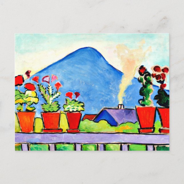 Postal Geranios antes de la montaña azul, pintura colorid (Anverso)