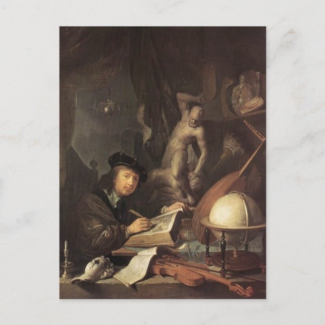 Postal Gerrit Dou- El pintor en su taller (Anverso)